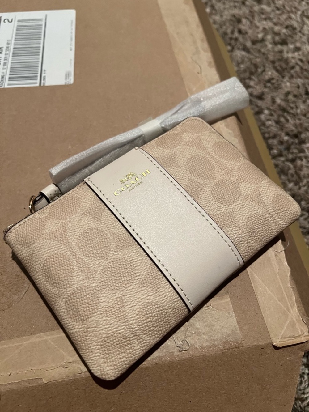 Coach Beige Signature Wristlet with Cream Leather Trim